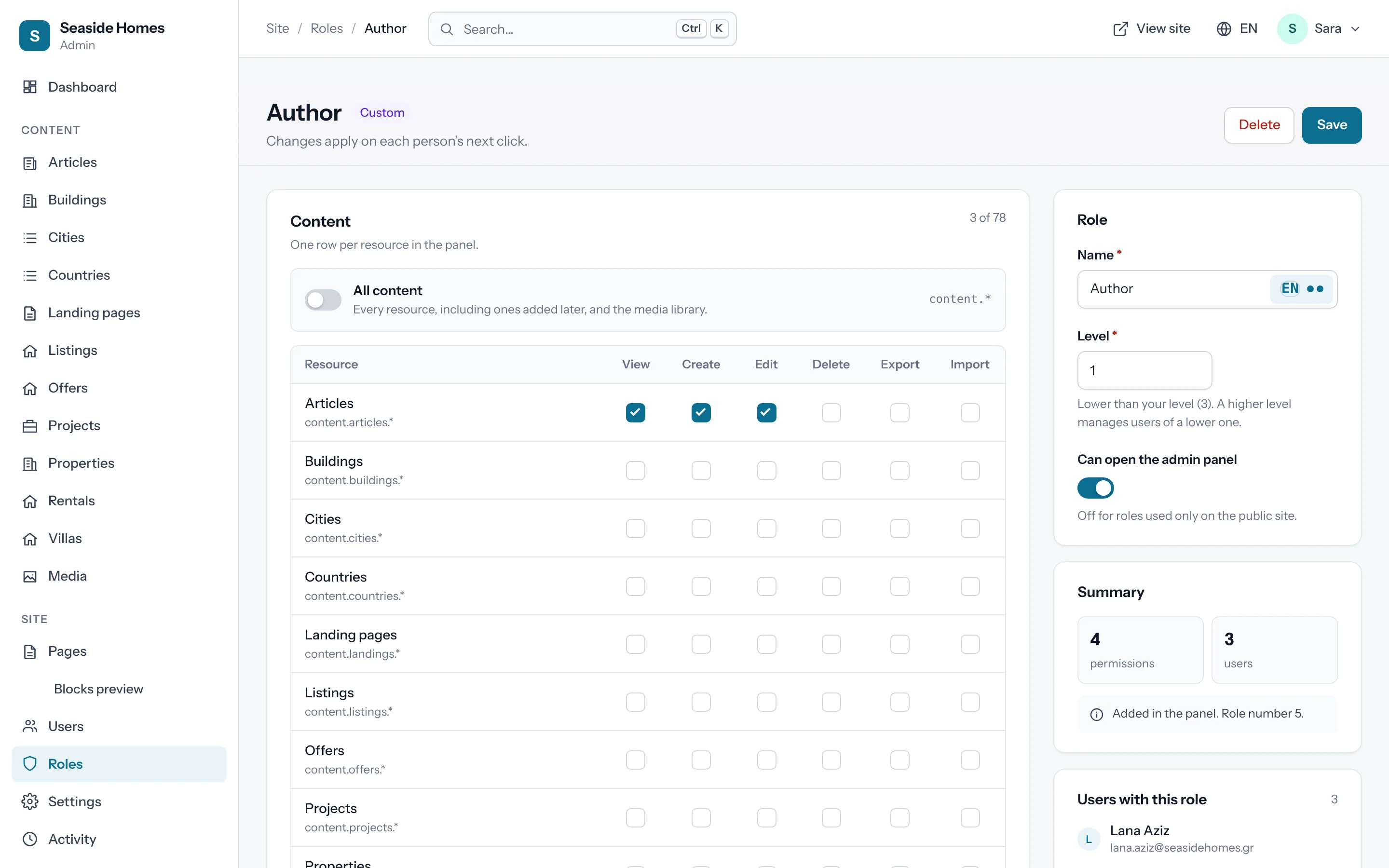 The roles page with its permission grid