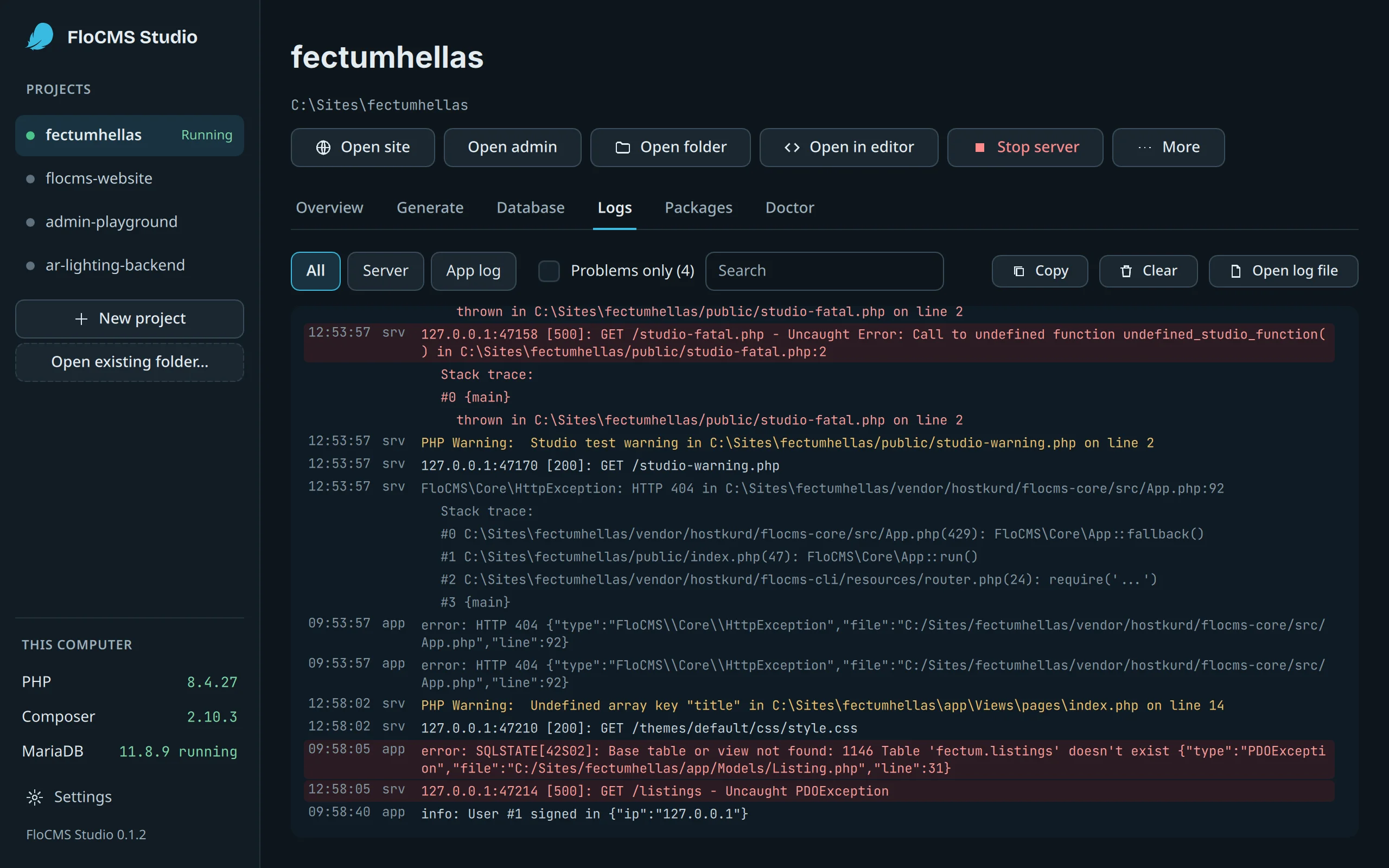 The Logs tab, with the server and app logs and their errors marked