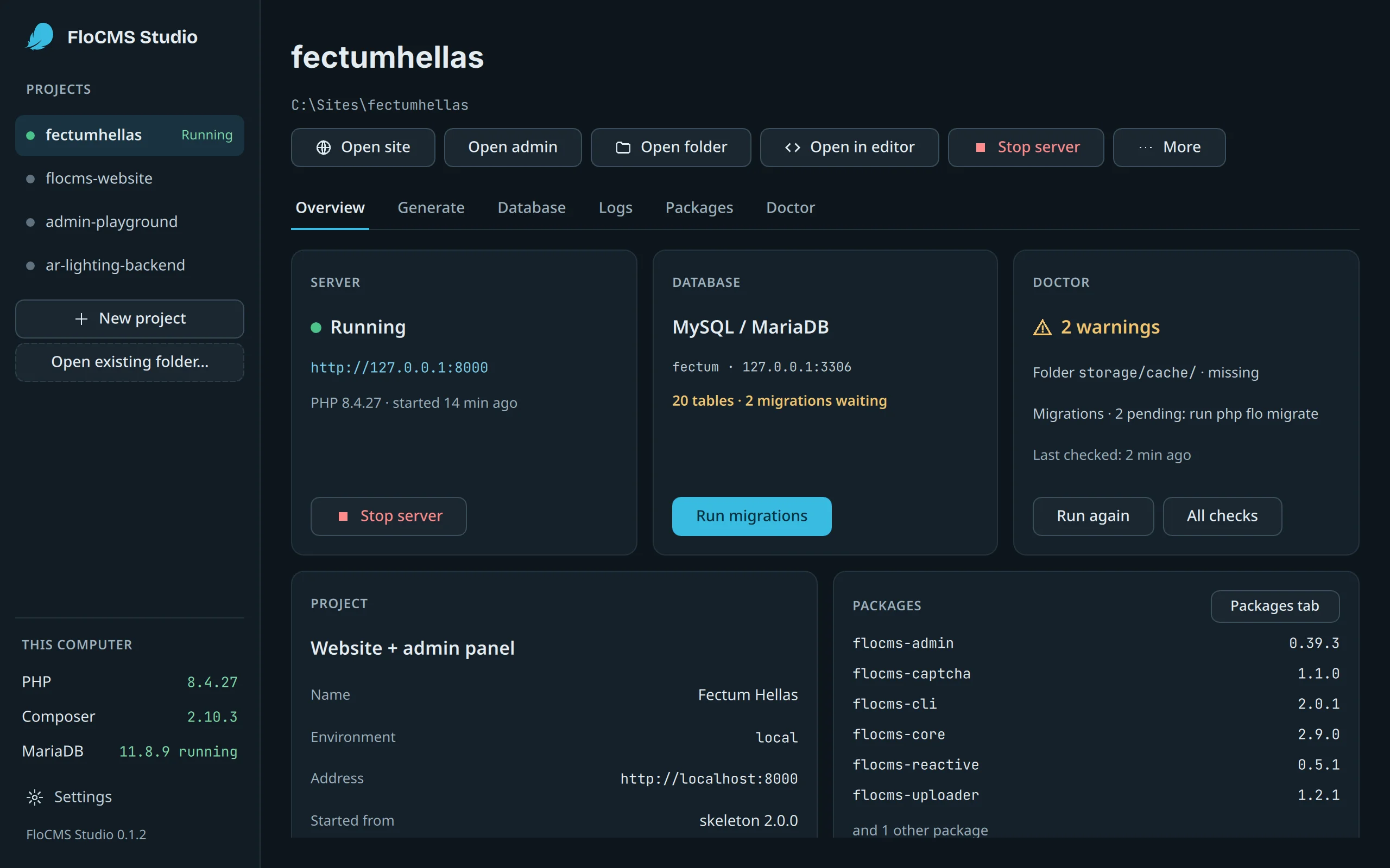 FloCMS Studio: a project’s overview, with the server running, its database, packages and Doctor