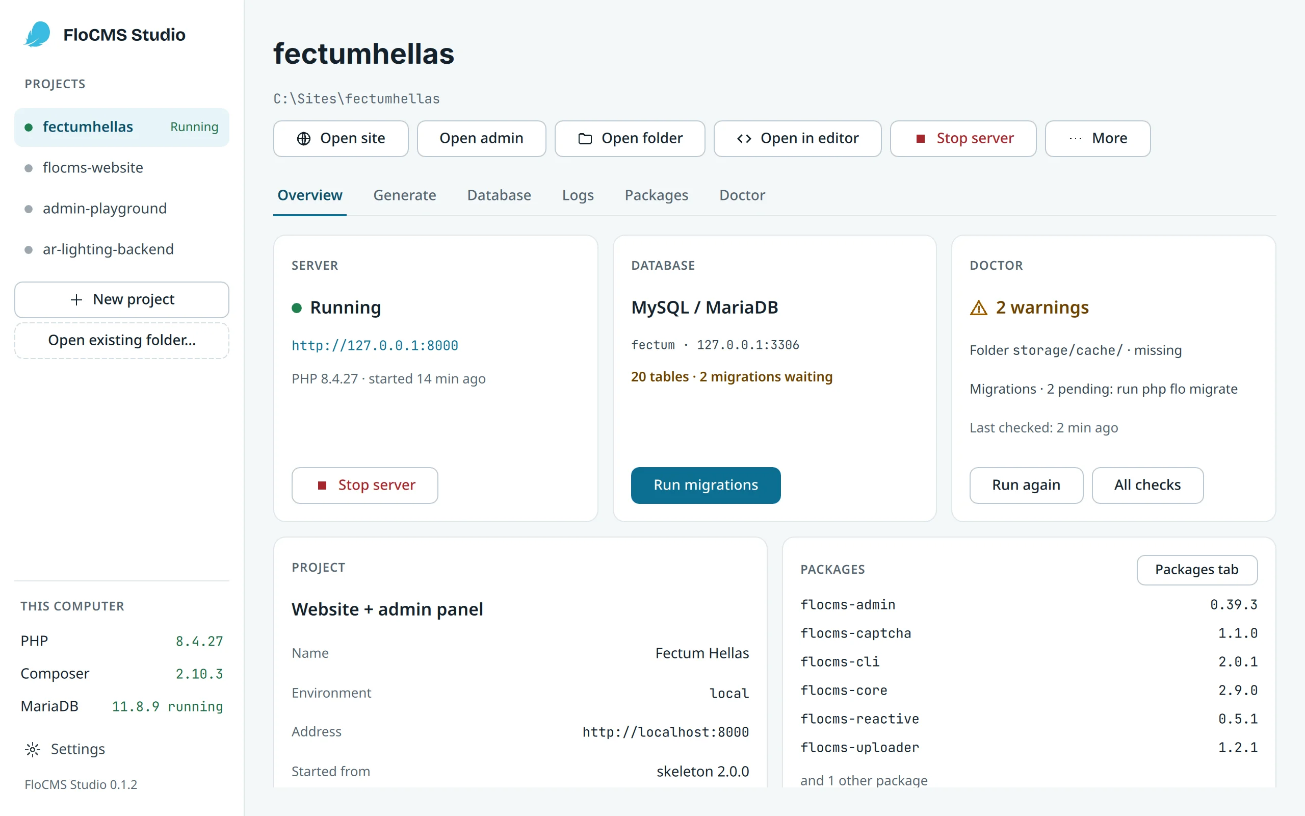 FloCMS Studio: a project’s overview, with the server running, its database, packages and Doctor